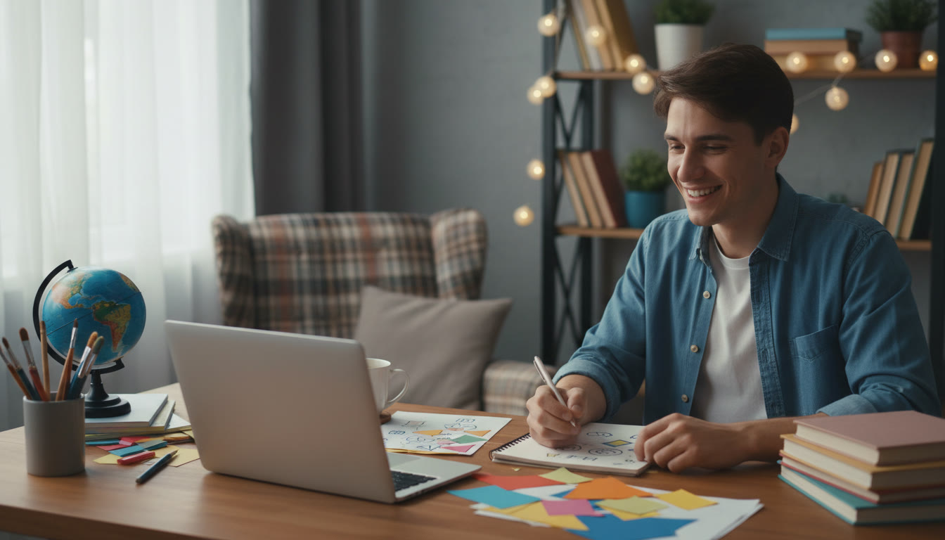 Photo Idea : IB student writing a CAS reflection in a cozy study space with a notebook, laptop, and project materials nearby