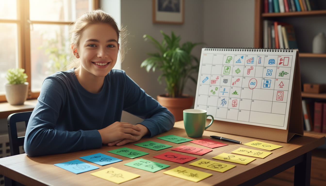 Photo Idea : student at desk with color-coded flashcards and a calendar visible