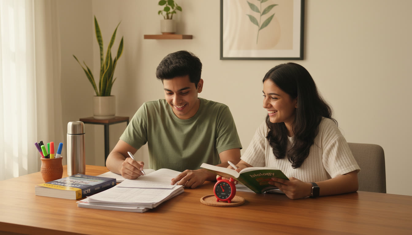 Photo Idea : Two students at a desk comparing ICSE textbooks and printed NEET-style MCQ sheets with a stopwatch nearby