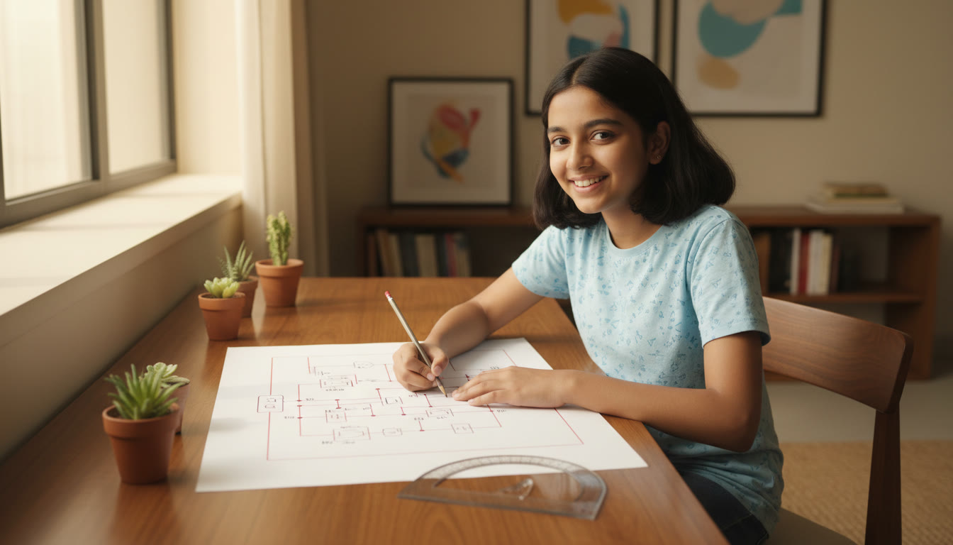 Photo Idea : A student drawing an electrical circuit diagram with standard symbols, a ruler and protractor on the desk