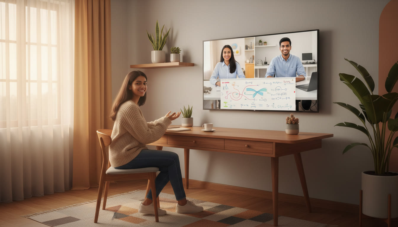 Photo Idea : One-on-one online tutoring session showing student and tutor on screen with digital whiteboard