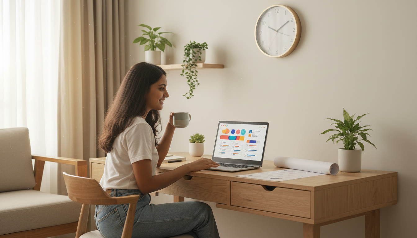 Photo Idea : A student at a tidy study desk with a visible wall clock, a laptop displaying a mock test interface, and a sheet labeled 