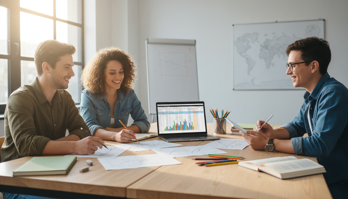 Photo Idea : A small group of students around a table, sketching supply-and-demand diagrams on paper with a laptop open to a spreadsheet
