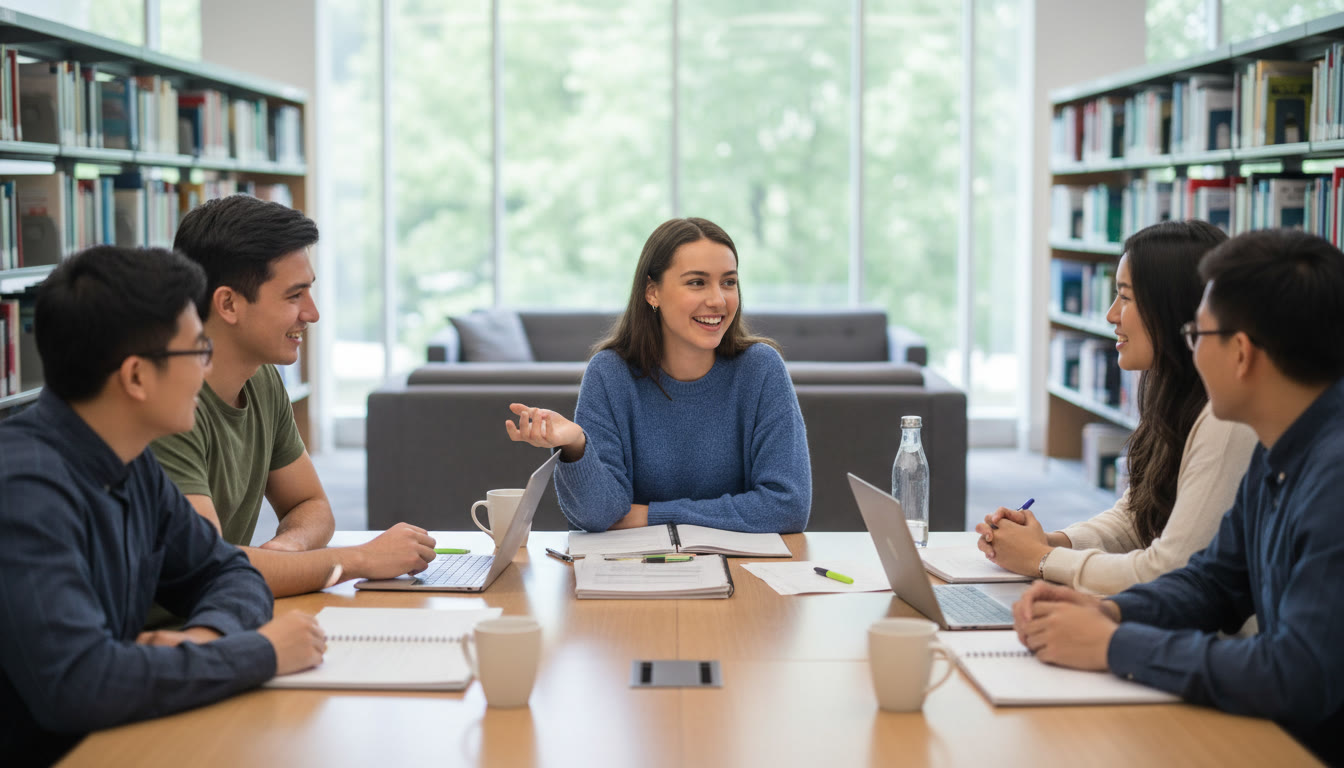 Photo Idea : Student leading a small group discussion around a table with notebooks and laptops