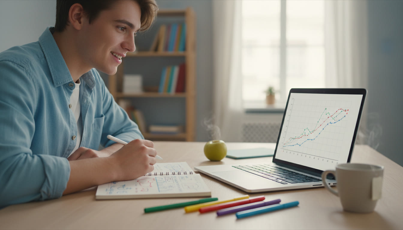 Photo Idea : A student analyzing a graph on a laptop with a notebook and colored pens