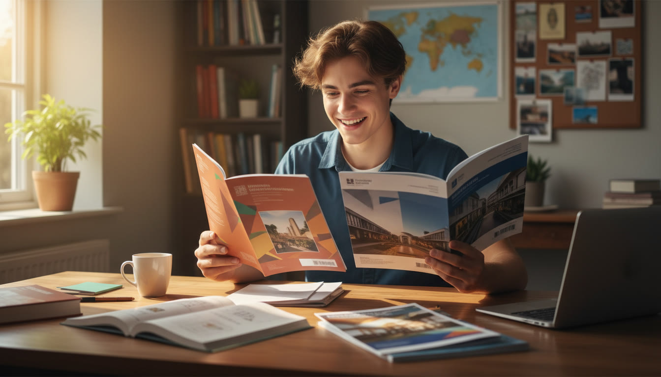 Photo Idea : IB student at a sunlit desk comparing university prospectuses for Bocconi and UK business schools