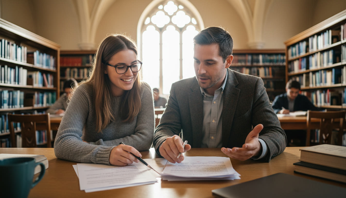 Photo Idea : Student and teacher reviewing a printed essay together at a library table
