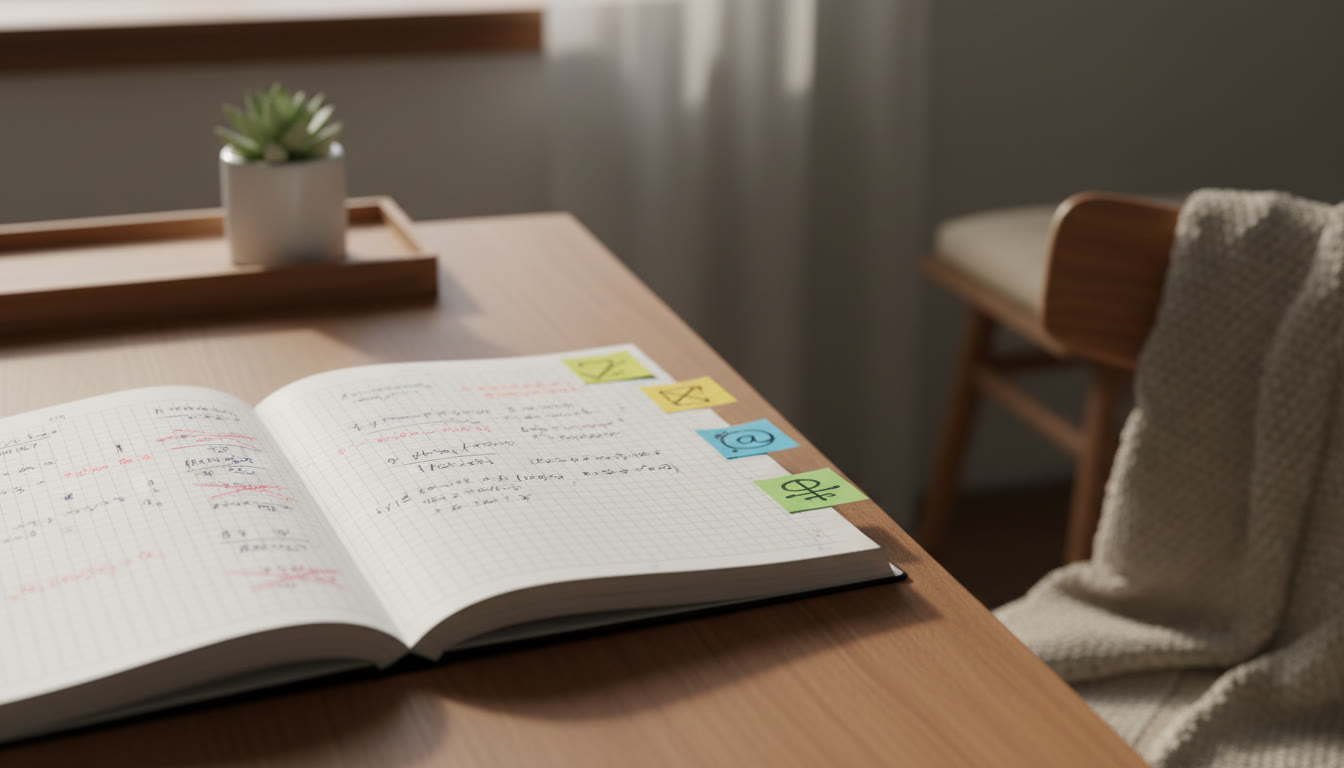 Photo Idea : A close-up of a notebook open to an error log with corrections and small sticky notes marking topics