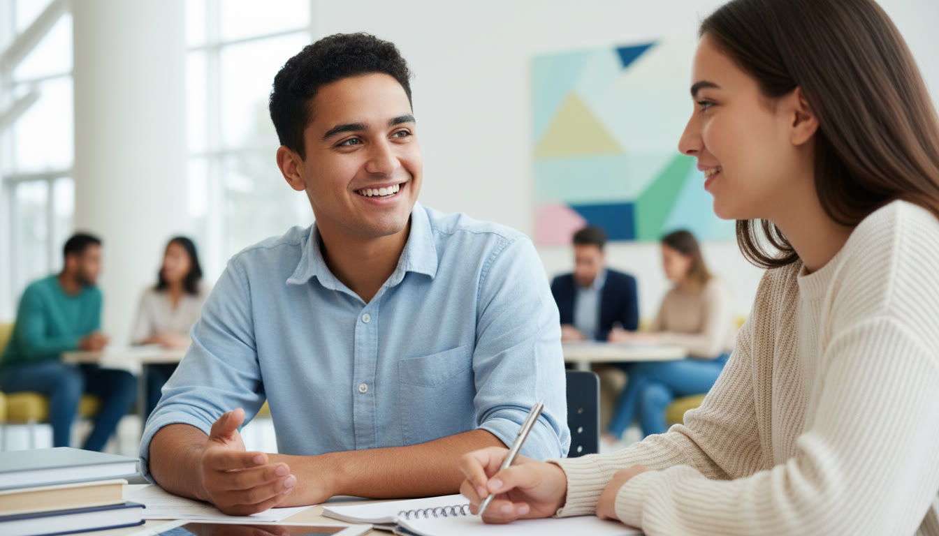 Photo Idea : close-up of two students in a mock interview, one speaking while the other takes notes
