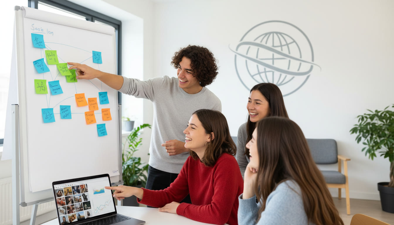Photo Idea : A small group meeting where a student presents a CAS plan with a whiteboard, sticky notes, and a laptop open to a portfolio page.