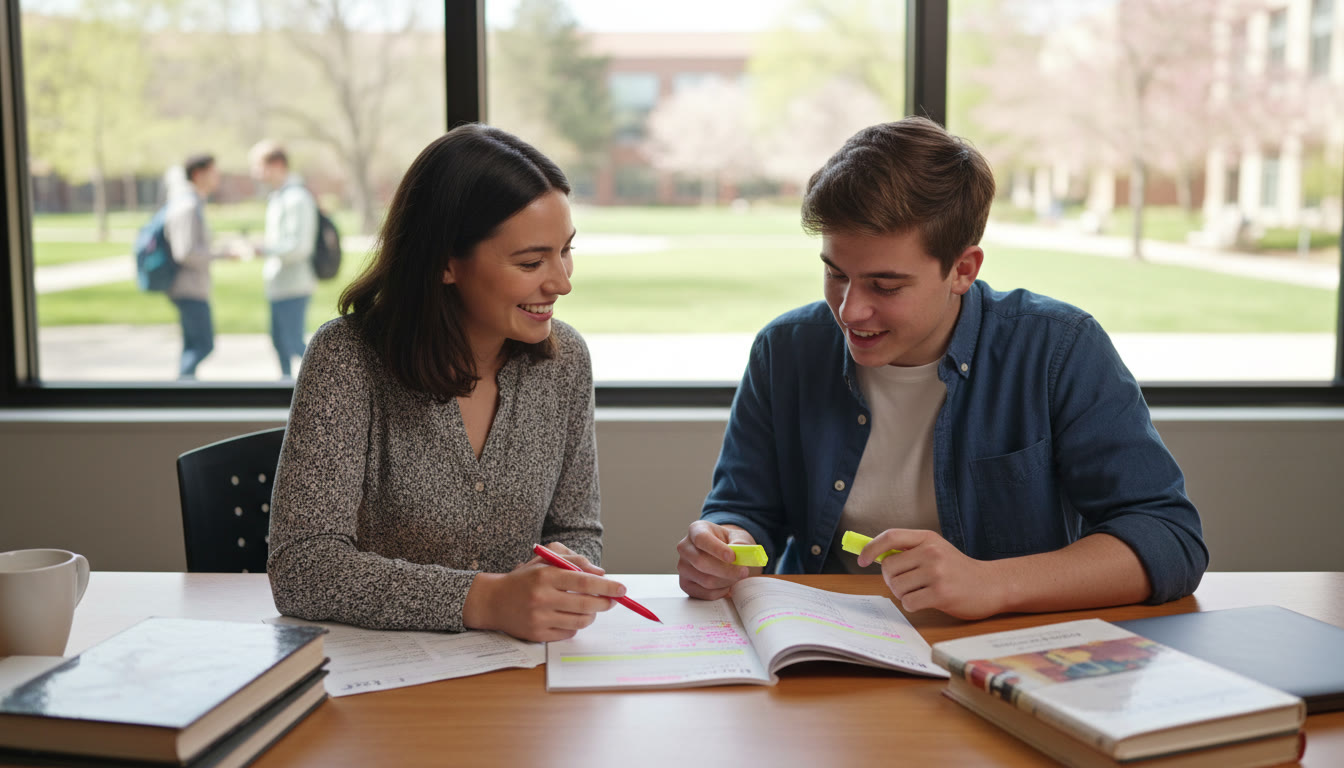 Photo Idea : A tutor and student reviewing a marked mock exam together with highlighted notes