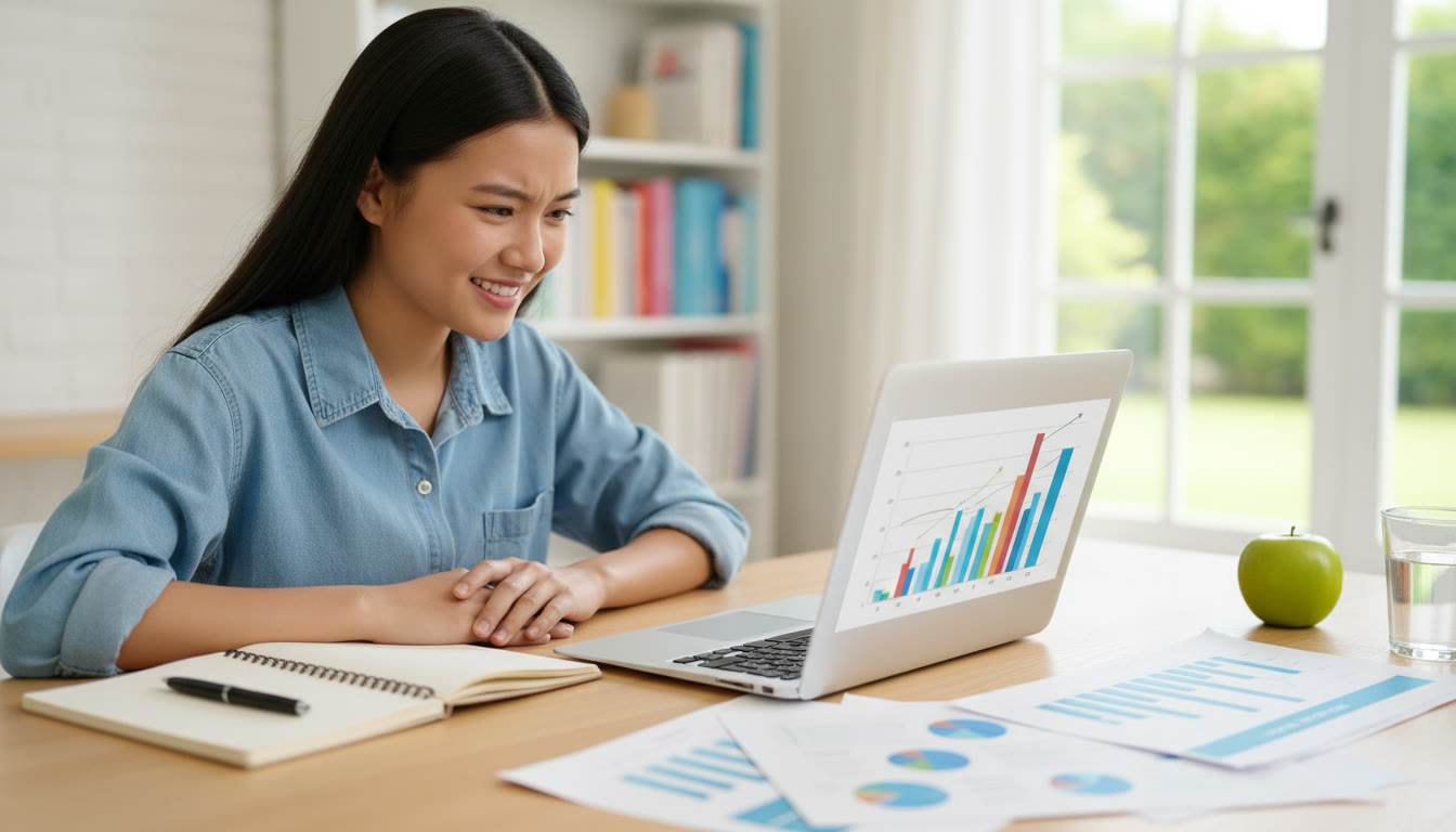 Photo Idea : A focused student at a tidy desk with a laptop, notebook and printed business charts