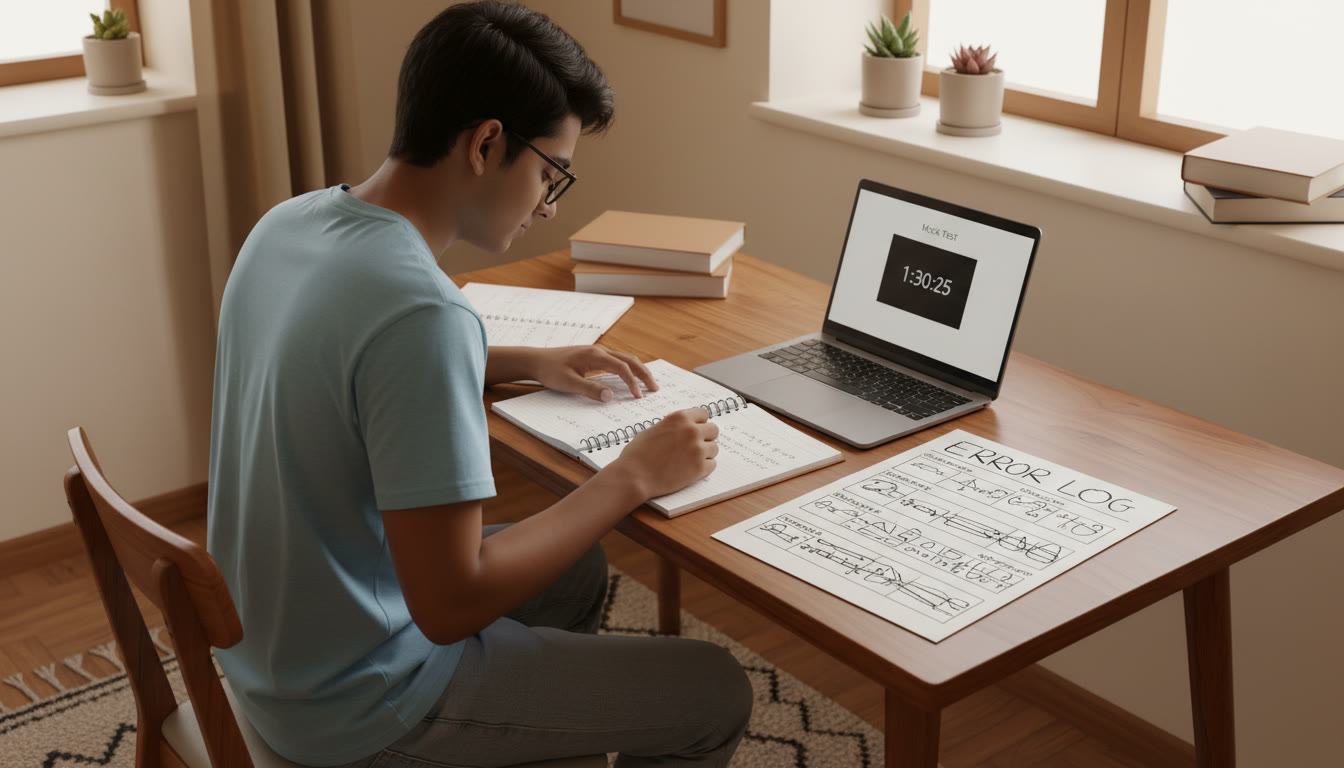 Photo Idea : A focused student at a desk with open notebooks, a laptop showing a mock test timer, and a neat error log sheet