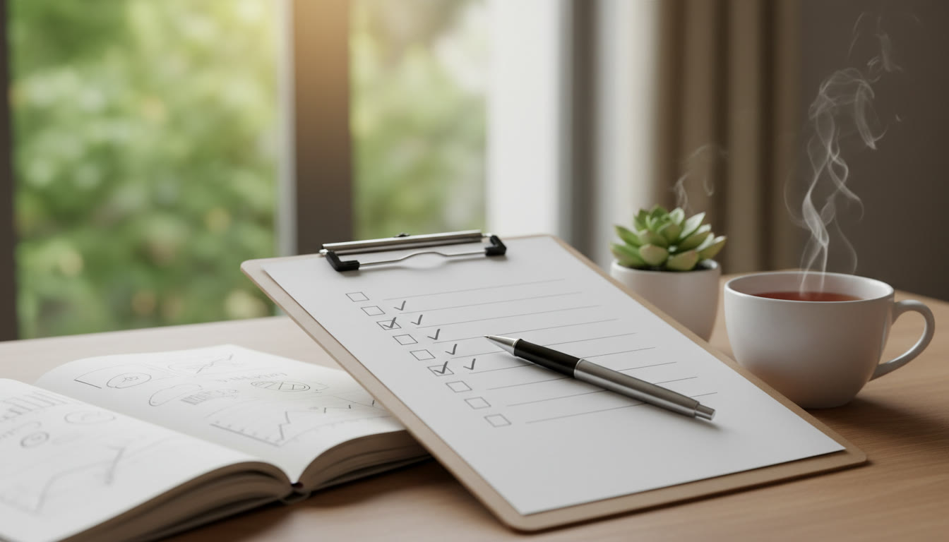 Photo Idea : A checklist on a clipboard, pen resting by items ticked off, with an IB student notebook and a cup of tea nearby