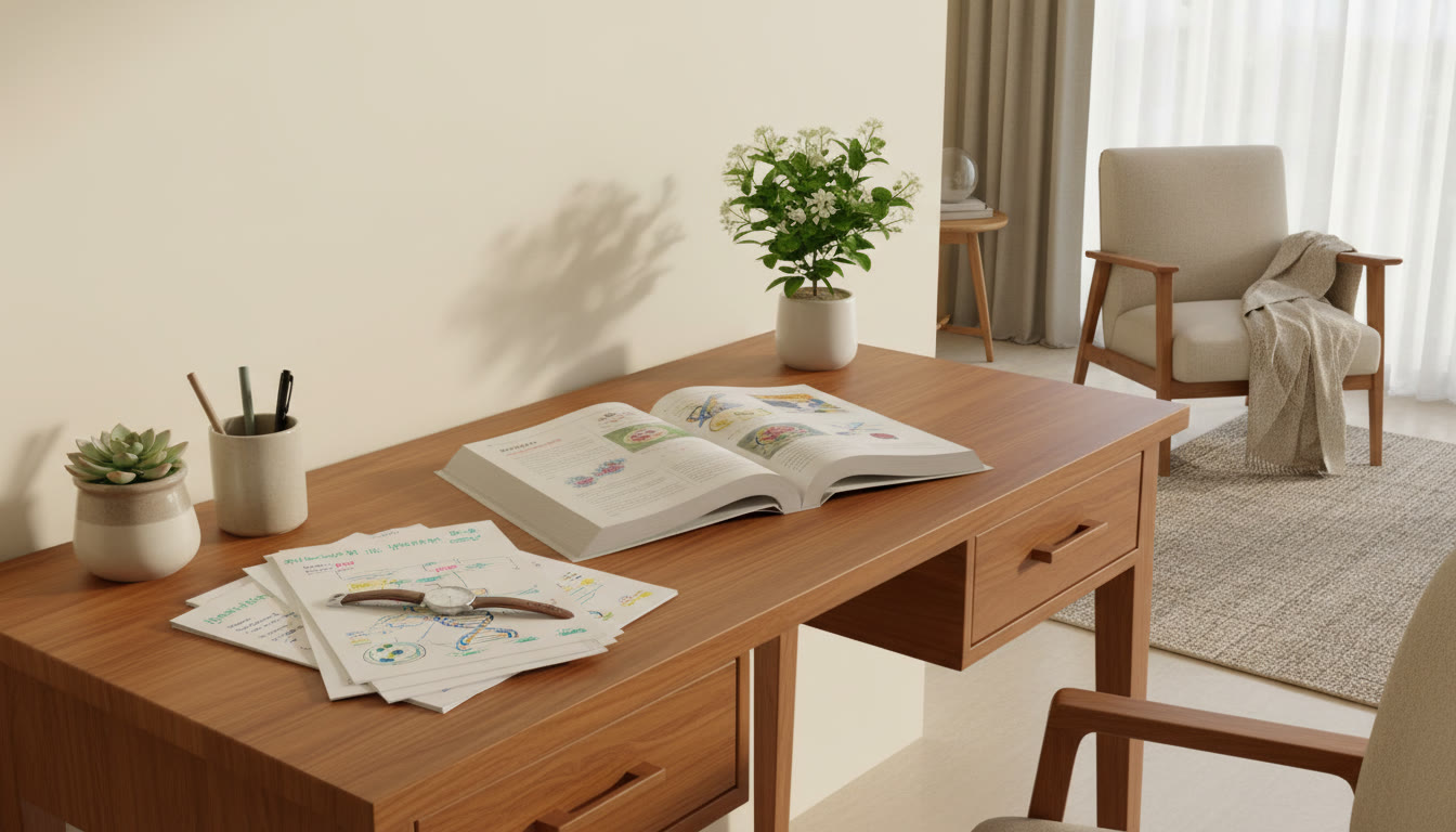 Photo Idea : A tidy study desk with an open biology book, colored notes, and a wristwatch