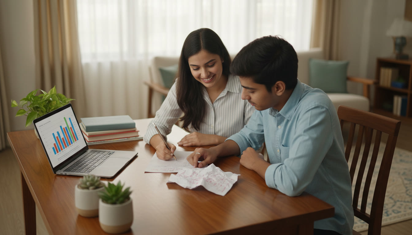 Photo Idea : A tutor and a student reviewing a paper together with marked corrections and a laptop showing analytics.