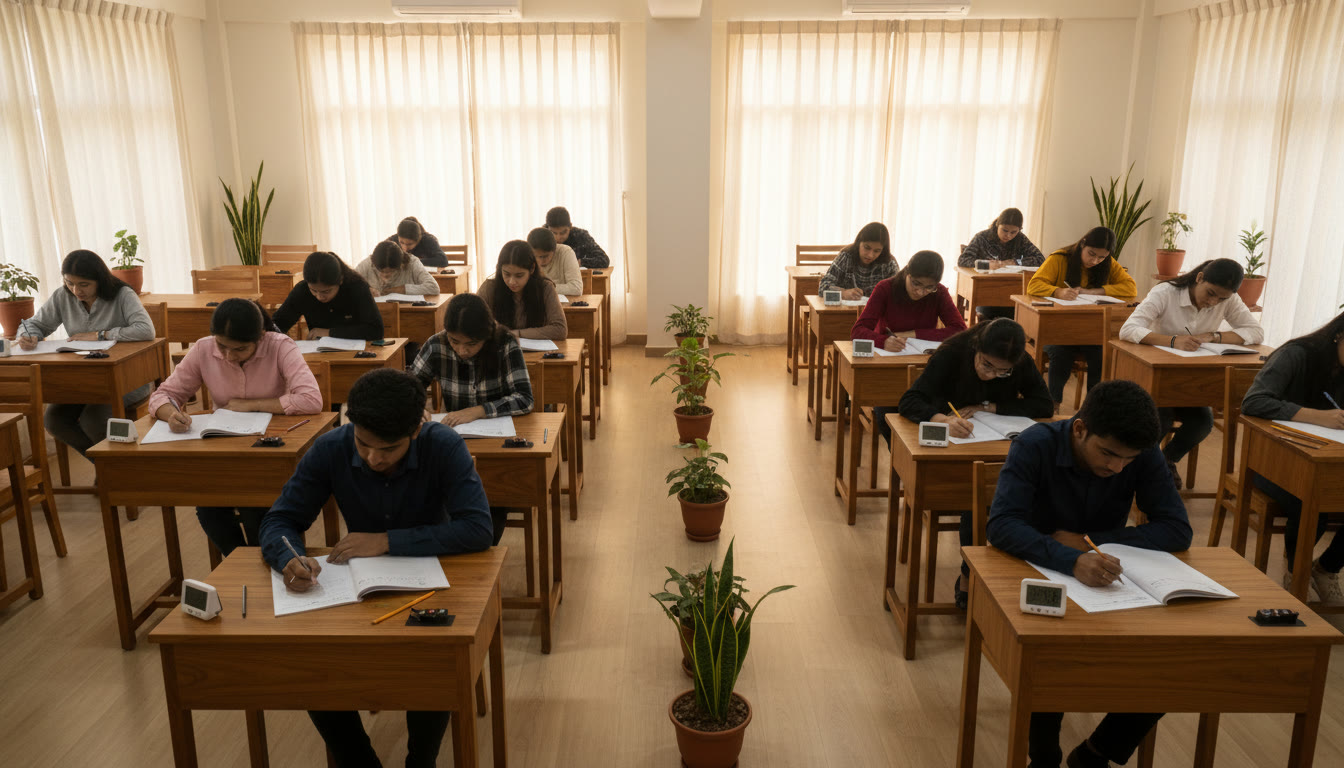 Photo Idea : Students taking a mock exam in a quiet hall, OMR sheets and timers visible on desks