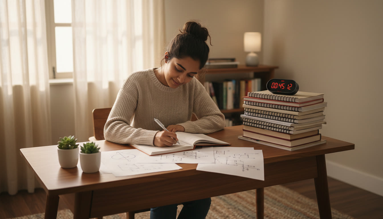 Photo Idea : A focused student writing at a desk with physics diagrams and a stopwatch beside a stack of notebooks