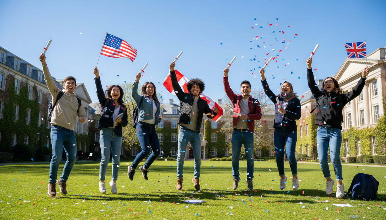 Photo Idea : A diverse group of IB students celebrating with acceptance letters and flags of the US, UK, and Canada