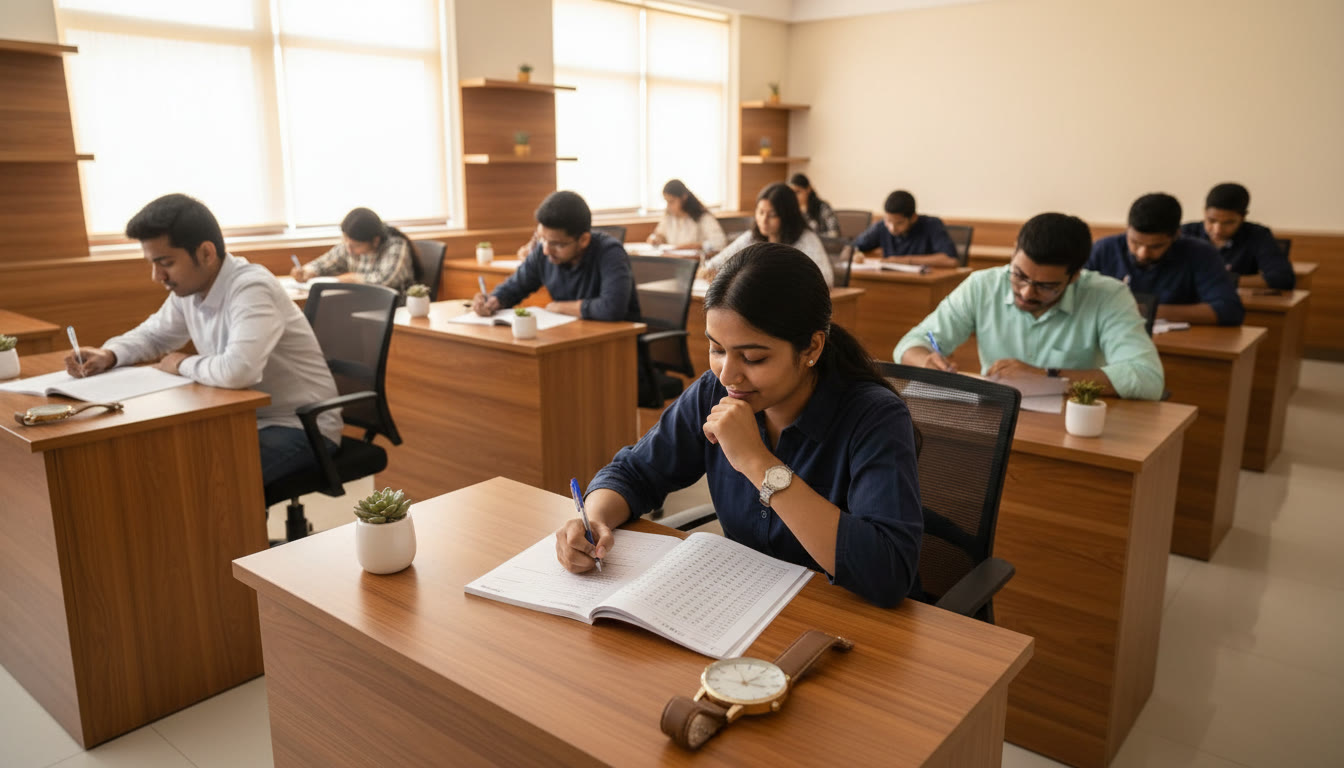 Photo Idea : Mock test hall scene with OMR sheet and watch