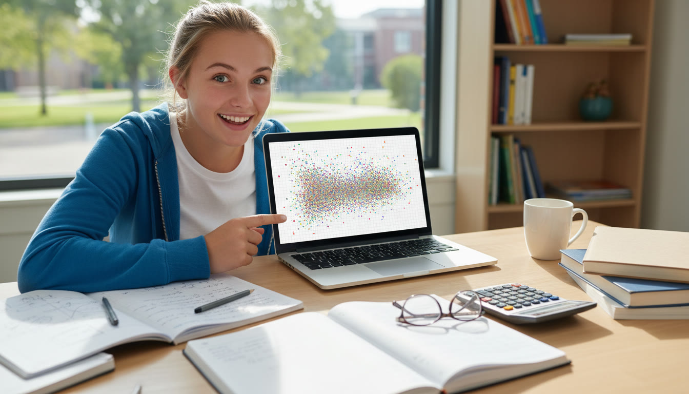 Photo Idea : Student at a laptop looking at a noisy scatter plot with notebooks and a calculator