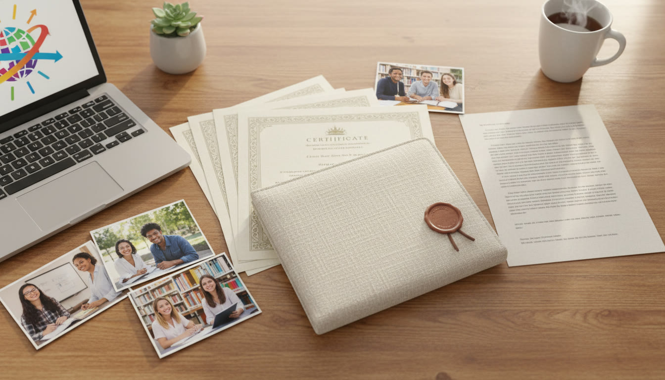 Photo Idea : A small portfolio laid out on a desk: certificates, photos, a typed reflective page and a laptop