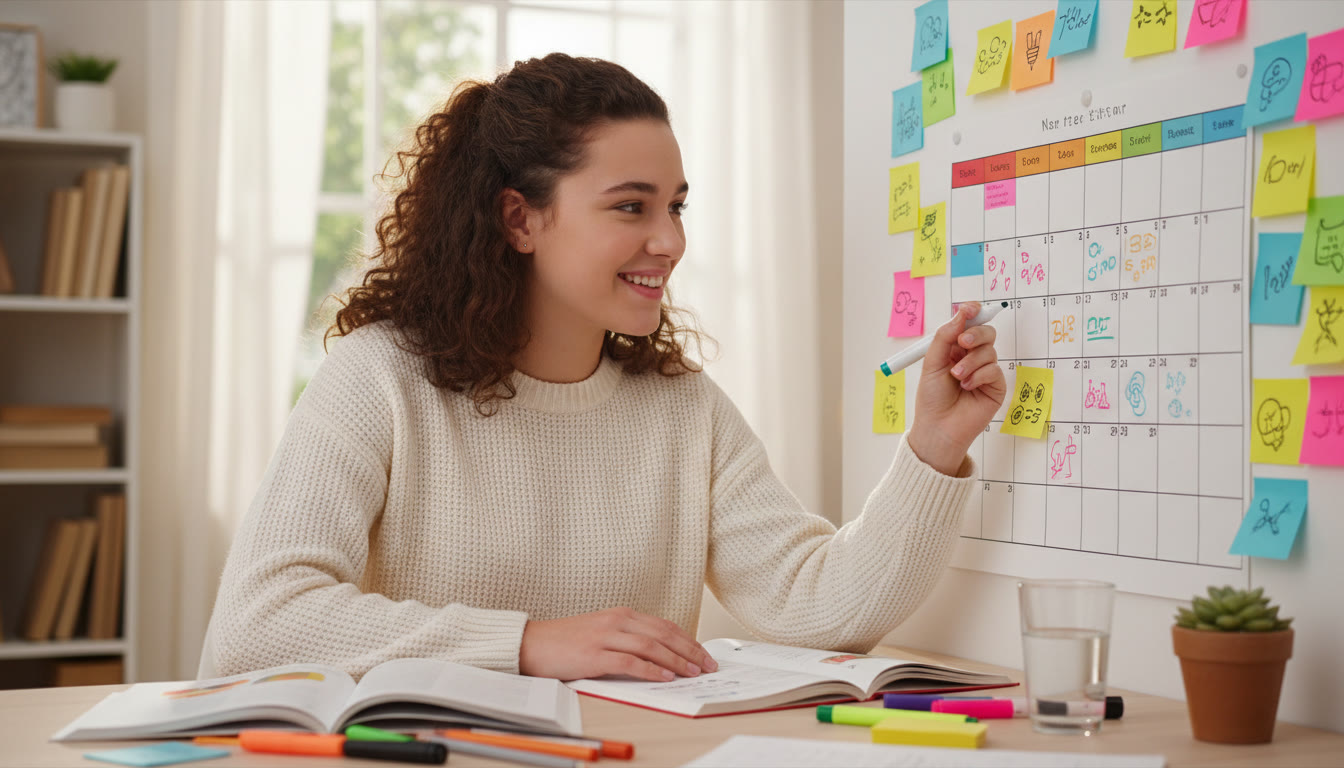 Photo Idea : student at a desk looking at a colourful calendar and sticky notes