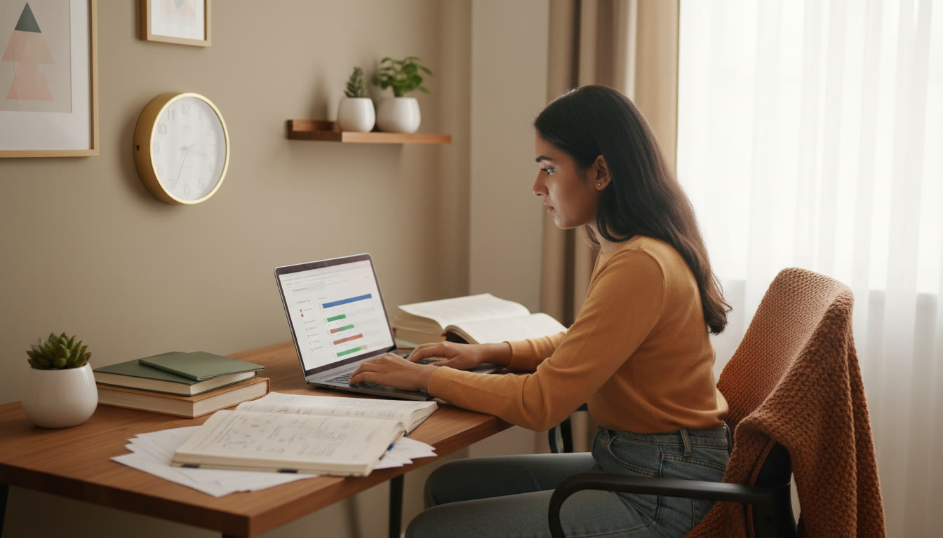 Photo Idea : A focused student at a desk doing a timed mock test on a laptop, with scattered notebooks and a wall clock visible