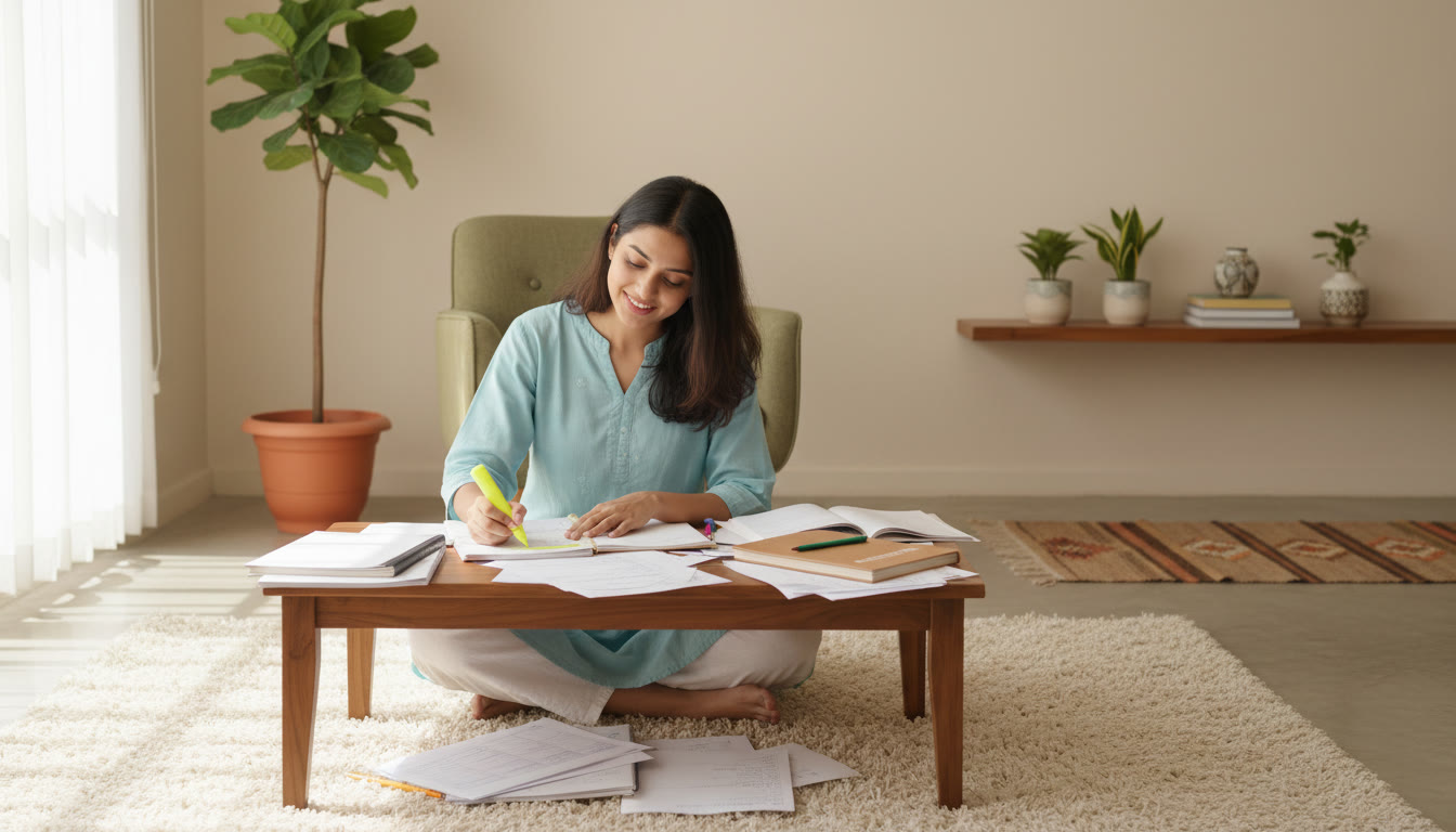 Photo Idea : relaxed student reviewing a mock test with a highlighter and notes spread out