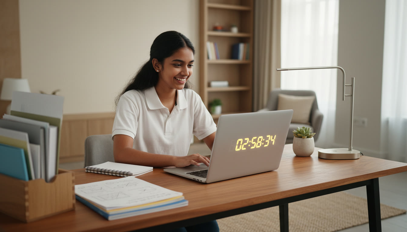 Photo Idea : Student at a desk taking a timed full-length mock test on a laptop with a visible clock and neatly organized notes