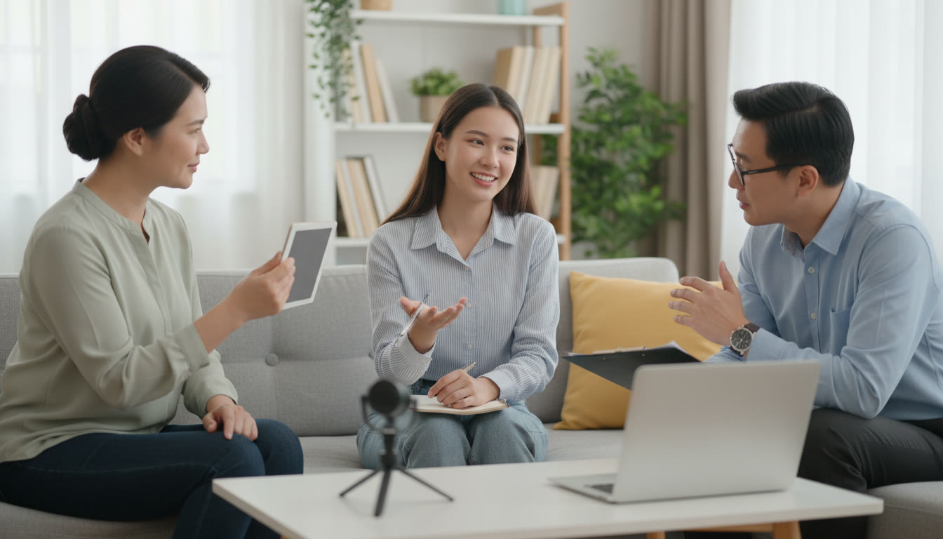 Photo Idea : Student practicing an interview with a parent and a mentor using a mock setup
