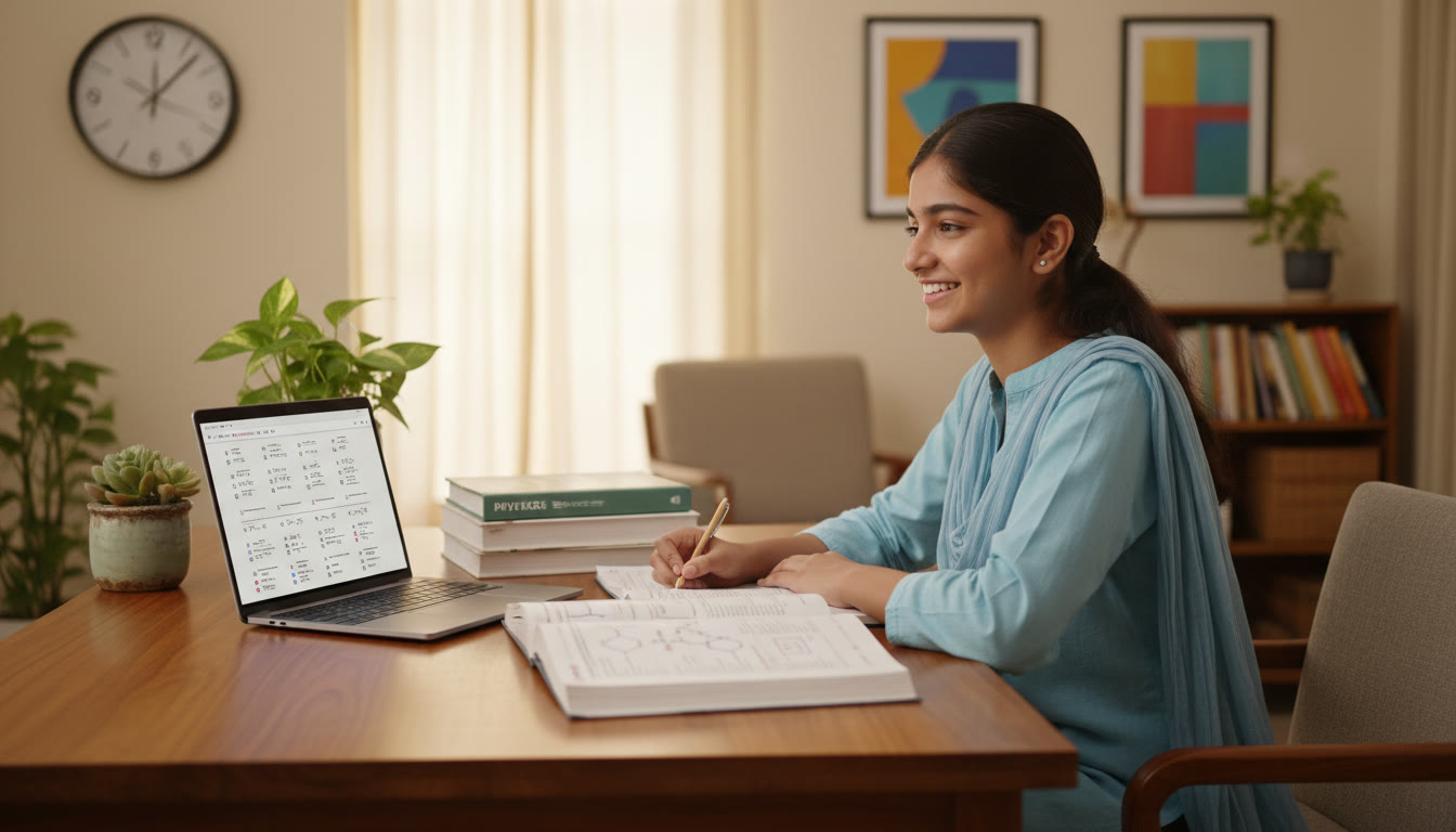 Photo Idea : focused student at a study desk with textbooks, a laptop showing practice questions, and a wall clock