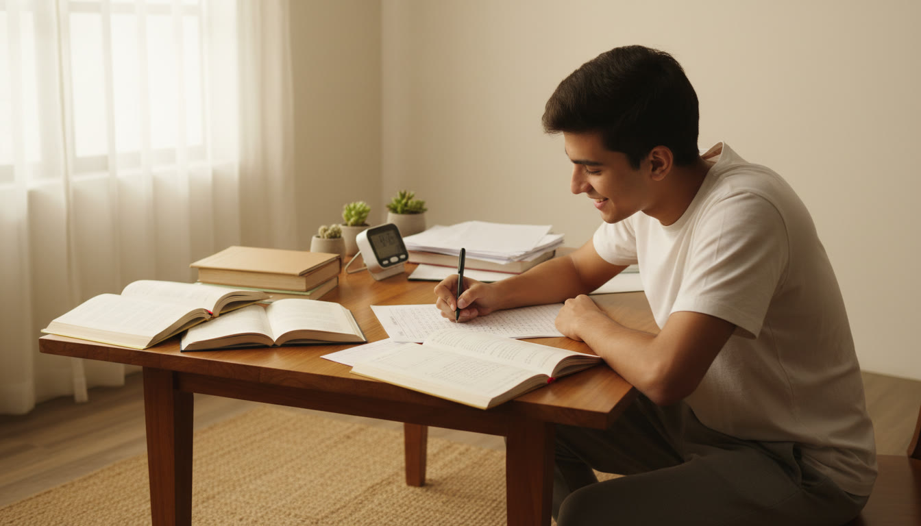 Photo Idea : student marking answers on an OMR sheet during a timed mock test, focused expression, desk with notes