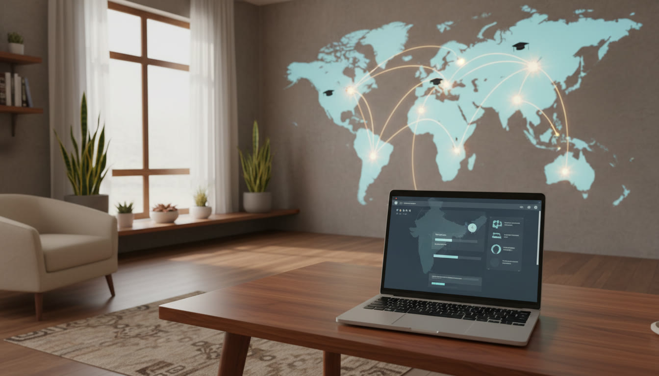 Photo Idea : A digital map showing flight paths from India to various global education hubs, with a laptop in the foreground showing an application portal.
