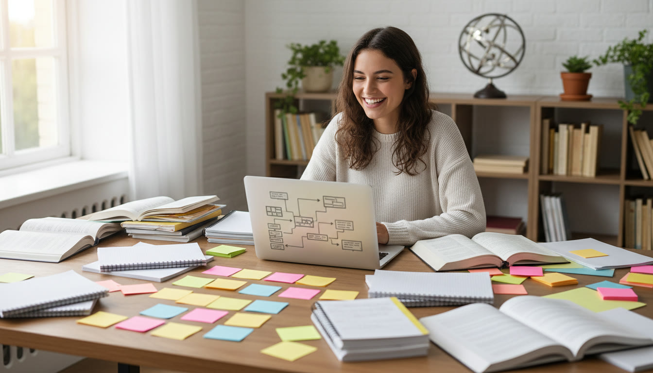 Photo Idea : Student surrounded by neatly organized research notes and a laptop with an EE outline on screen