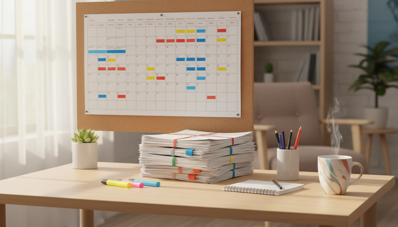 Photo Idea : A tidy study desk with labeled revision schedule, highlighters, and past-paper stacks