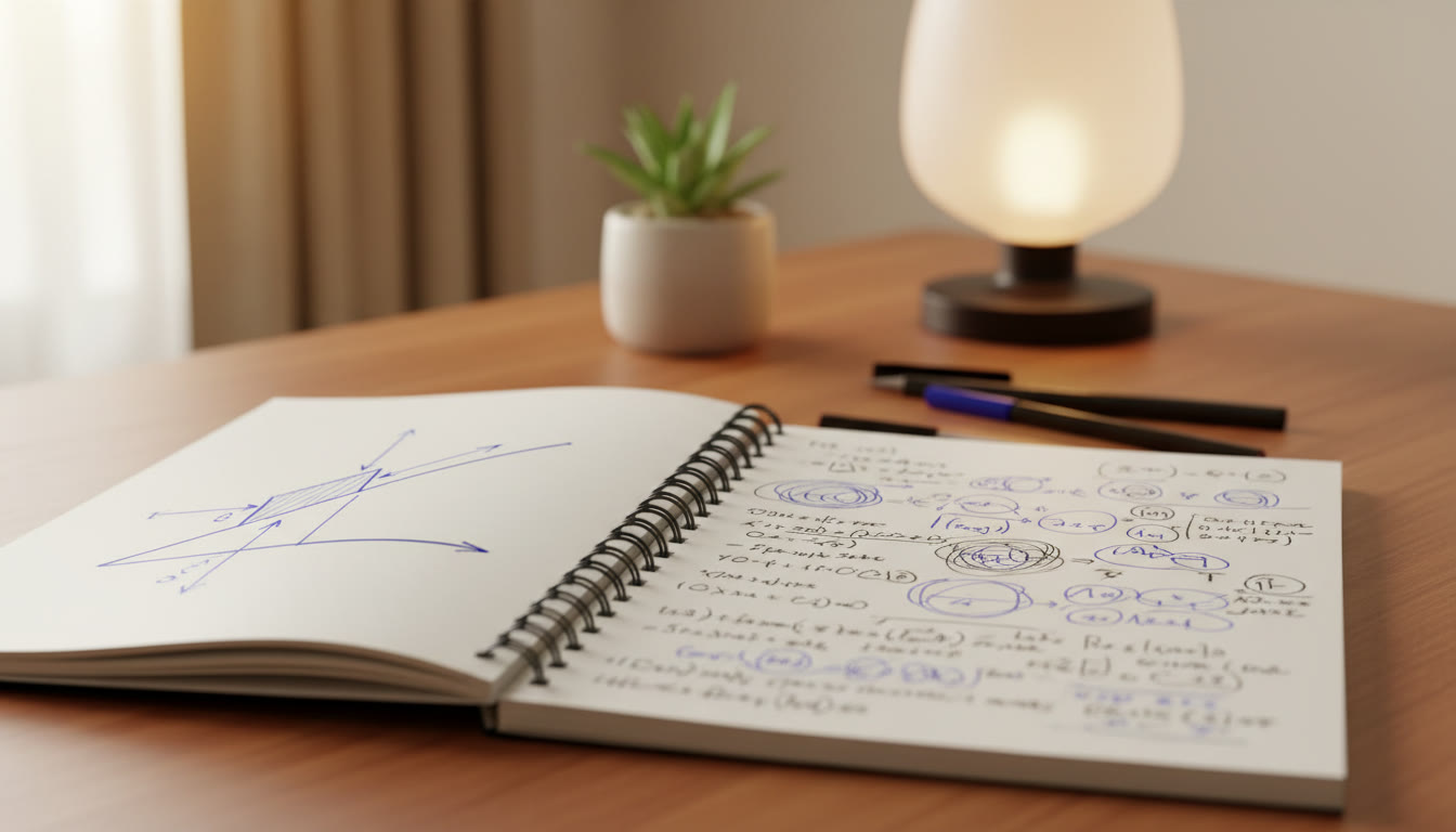 Photo Idea : Close-up of a student’s notebook showing a clean free-body diagram and annotated rough work