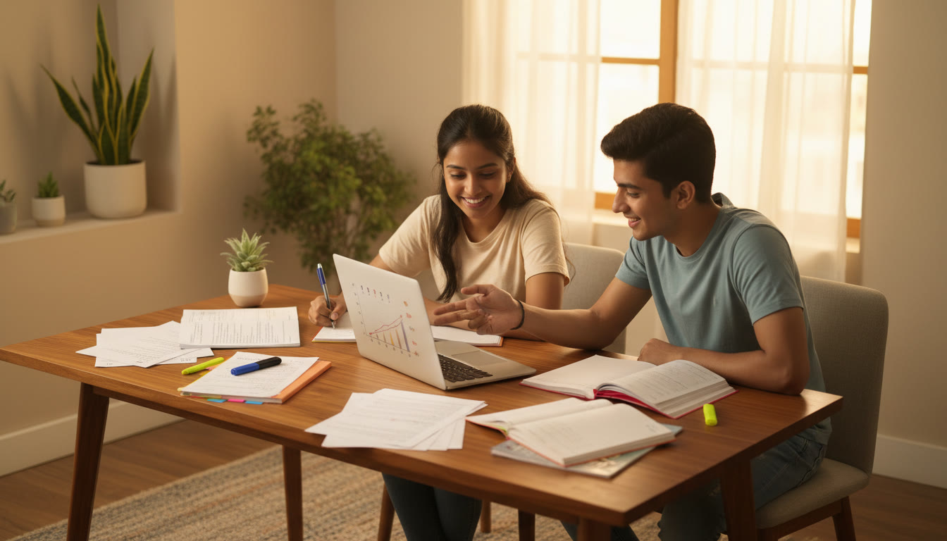 Photo Idea : Two students at a desk analyzing test papers and notes with a laptop open to practice questions
