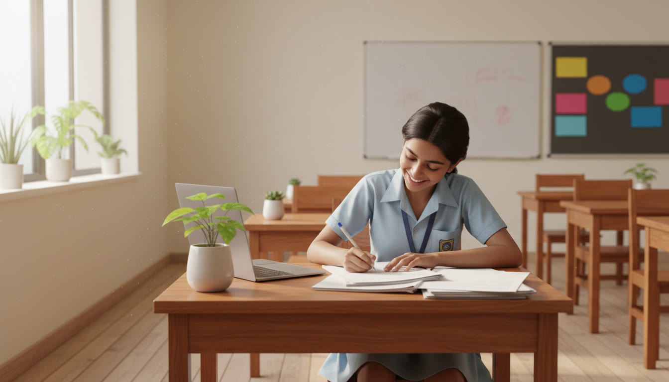 Photo Idea : A student completing a full-length mock test in a classroom setting