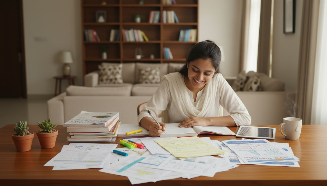 Photo Idea : student revising with color-coded notes and sample papers spread out on a table