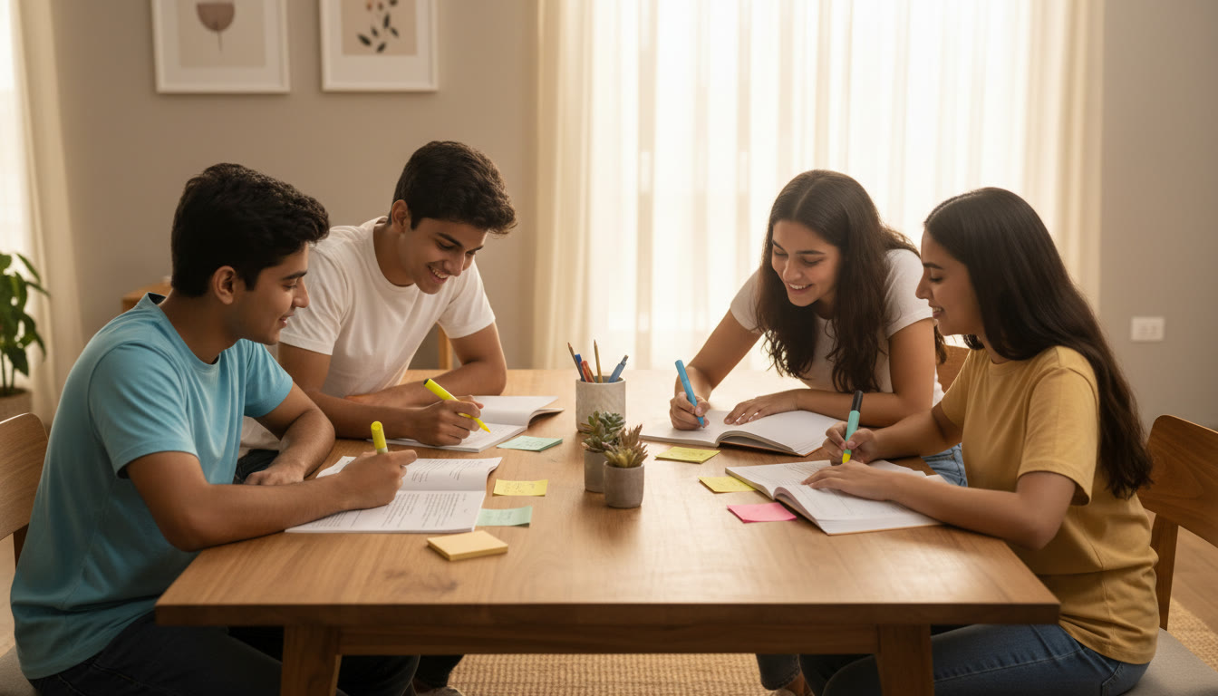 Photo Idea : A small group of students around a table, reading a printed passage and annotating it with highlighters and sticky notes