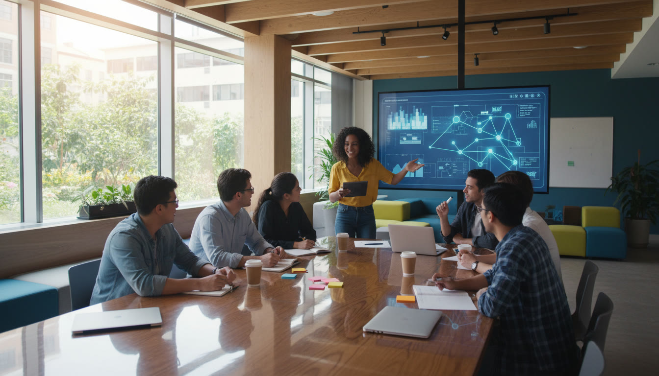 Photo Idea : A diverse group of IB students collaborating on a startup pitch in a modern common room.