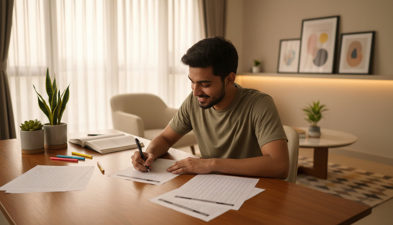 Photo Idea : A student marking answers on an OMR practice sheet with a focused expression