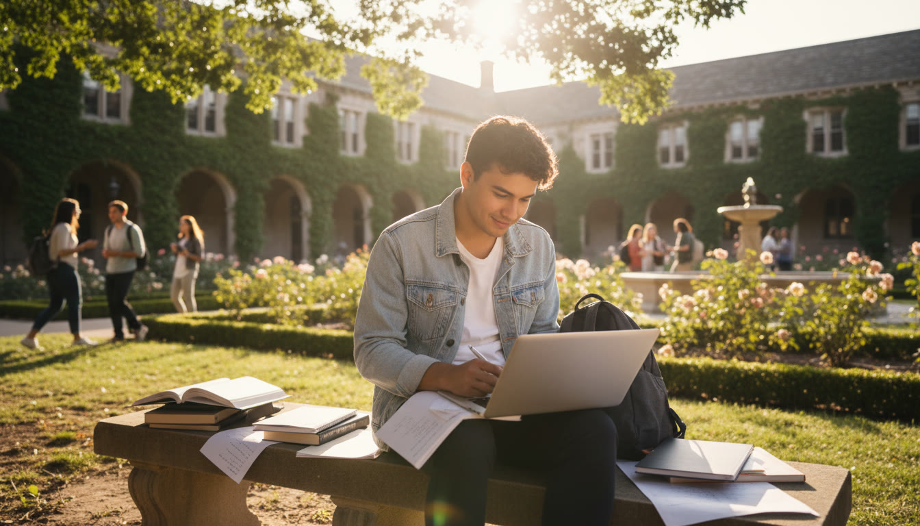 Photo Idea : IB student with laptop and notes on a sunny university courtyard, looking focused and optimistic