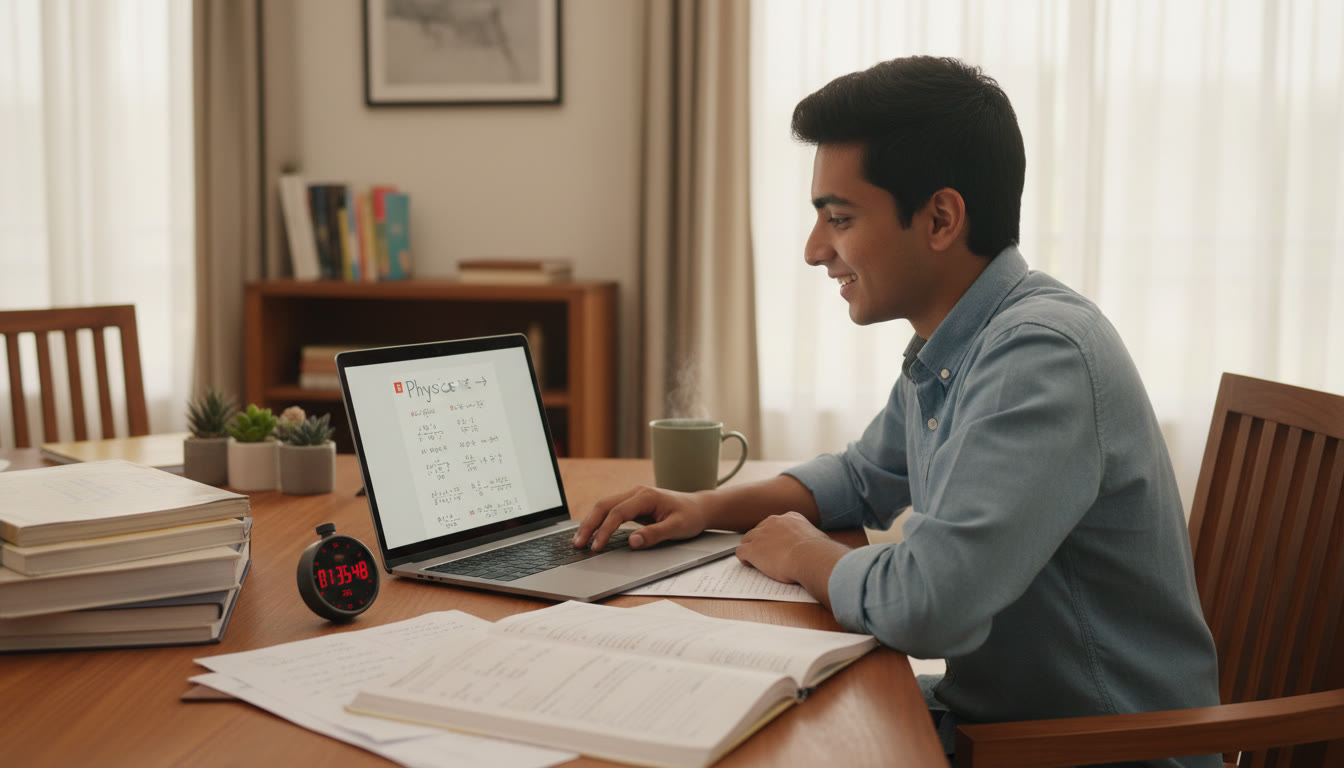 Photo Idea : A focused student solving previous year JEE questions on a laptop with worksheets and a stopwatch nearby