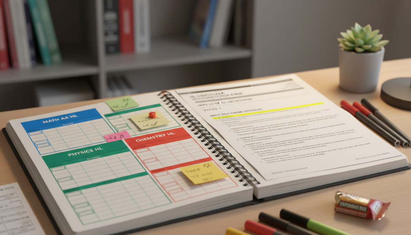 Photo Idea : Close-up of a study planner opened with color-coded blocks for HL study, sticky notes, and a highlighted past paper