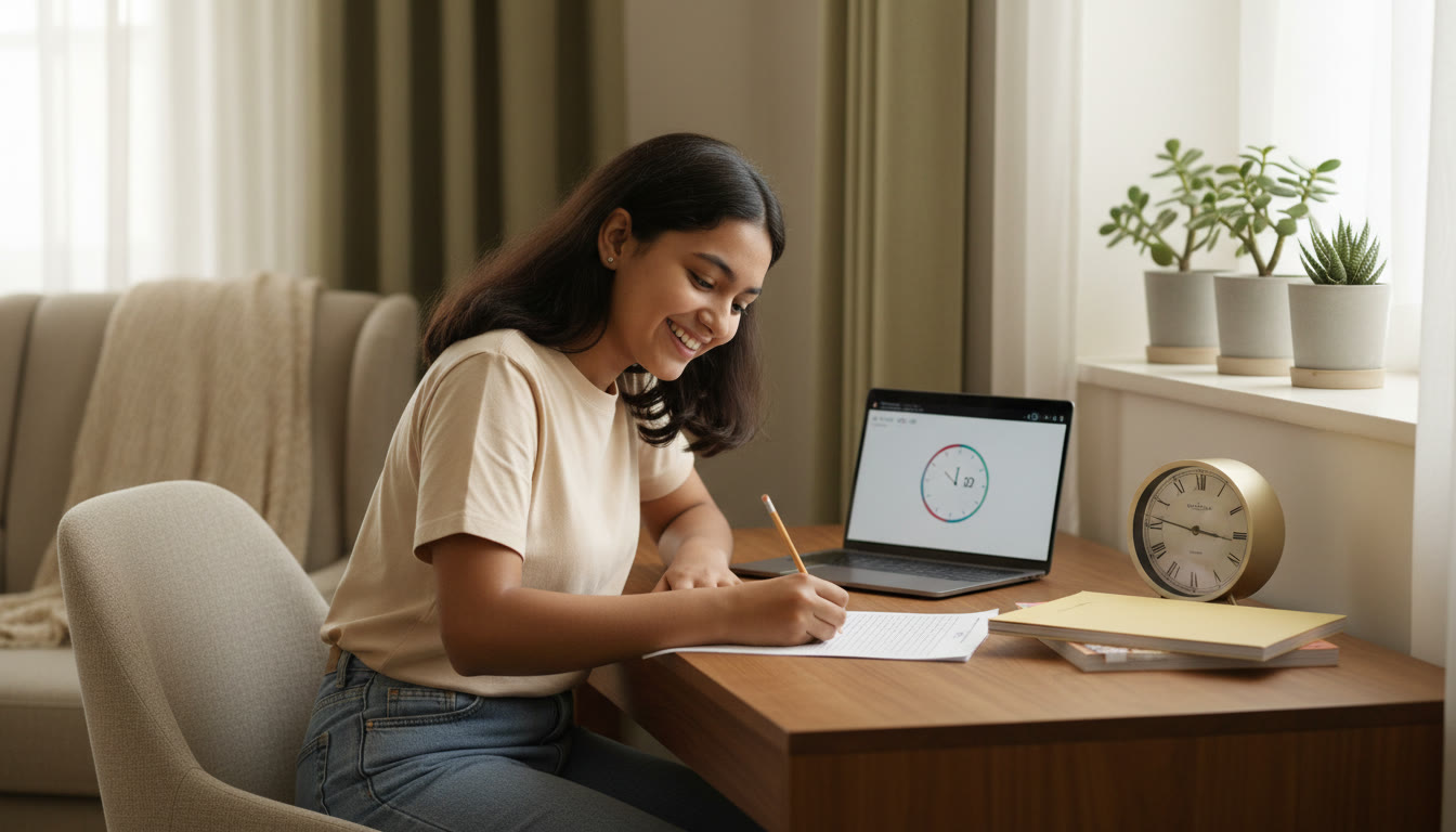 Photo Idea : A student sitting at a table taking a timed full-length mock test with a clock and an OMR-style sheet nearby