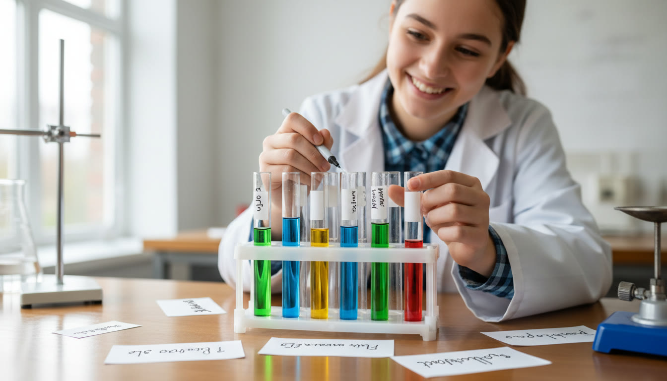 Photo Idea : Close-up of a student labeling and organizing multiple test tubes with clear handwritten notes