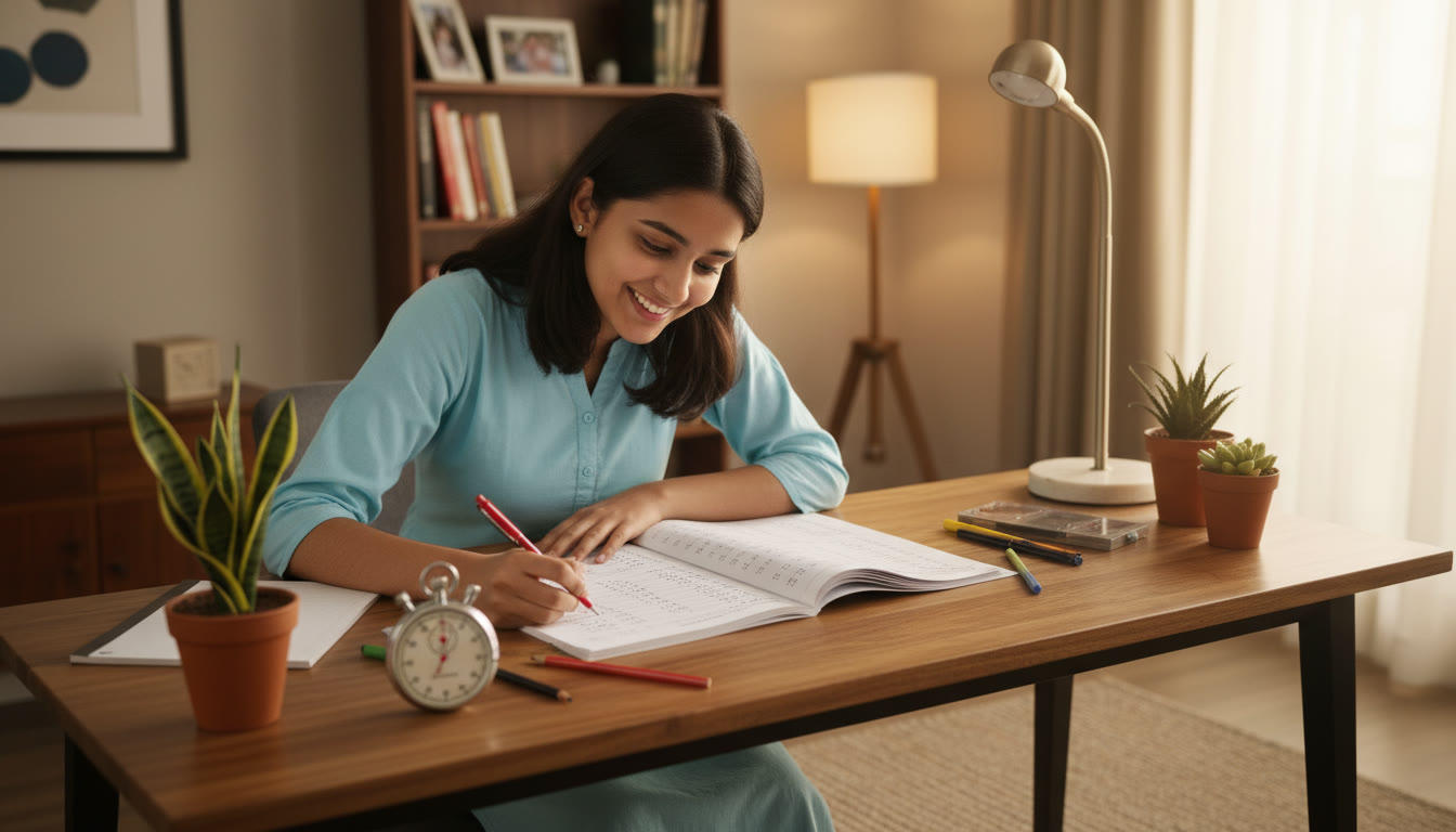 Photo Idea : Student solving a full-length mock test with a stopwatch and answer sheet on a desk
