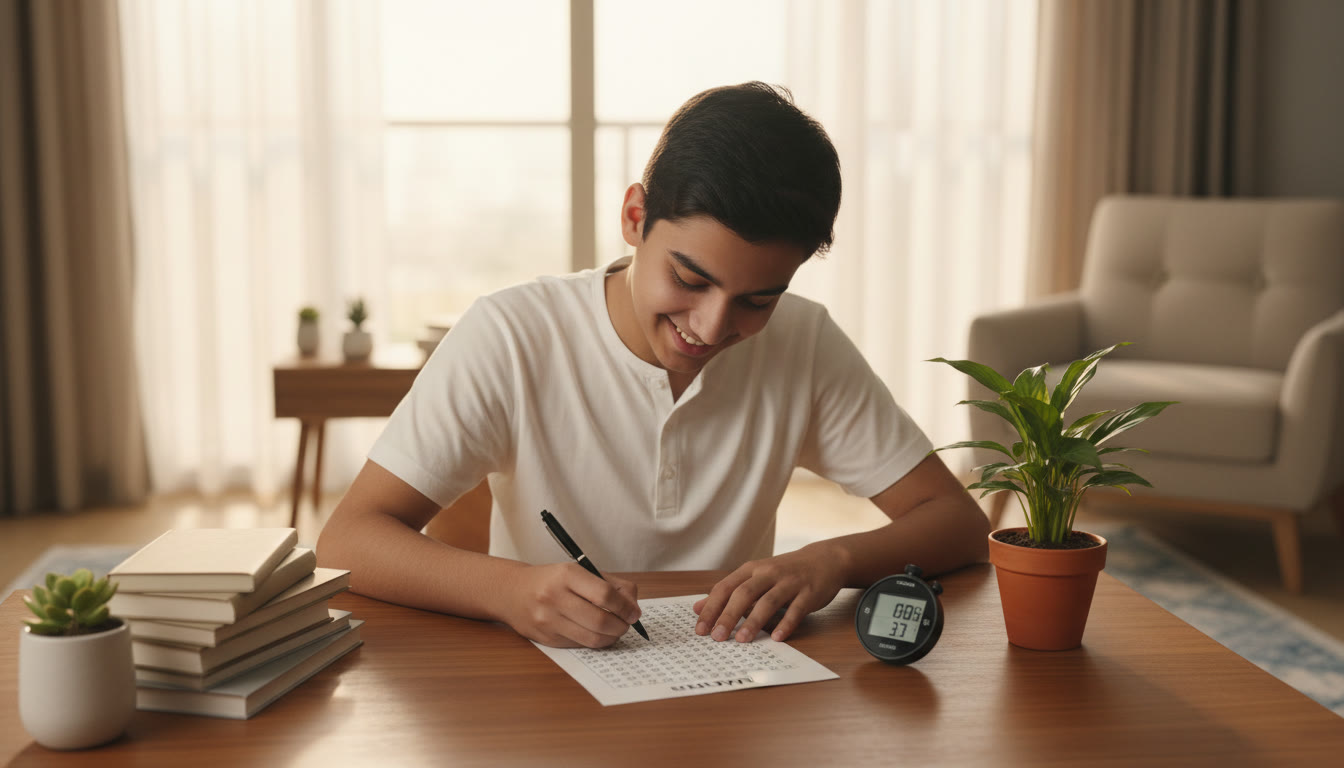 Photo Idea : A student marking answers on a practice OMR sheet beside a timer